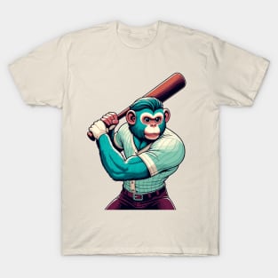 Vintage Monkey Slugger - Retro 1990s Cartoon Style Baseball Art T-Shirt